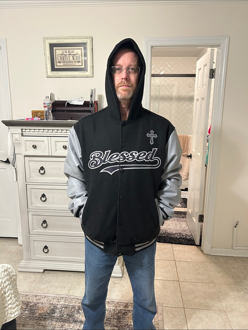 Blessed Hooded Varsity Jacket in Black & Gray, leather sleeves — NWOT!